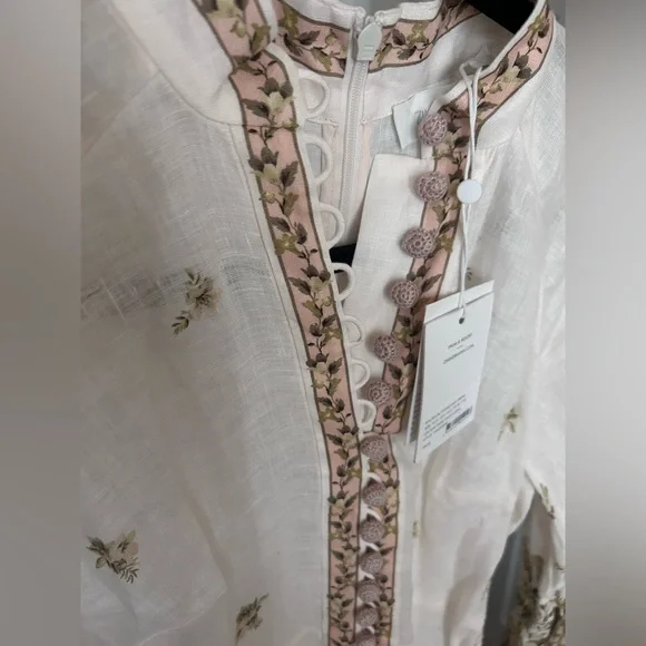 NWT Zimmermann Golden Floral Long Sleeve Buttons Linen Dress 0 US4 - Picture 13 of 17